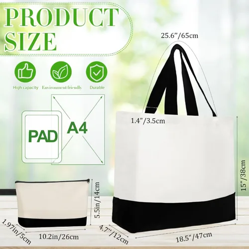 Vista 3 de Sanwuta 30 Bolsas Tote de Lona a Granel con Bolsa Cosmética con Cremallera, Bolsa de Compras de Algodón Reutilizable de 18.5" con Asa para Negro