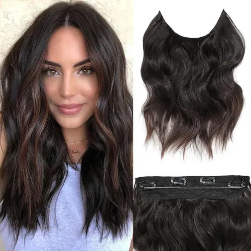 Vista 15 de Extensiones de cabello tipo halo de 20 pulgadas, extensiones de cabello con alambre invisible ajustable, largo, ondulado, sintético, mejorado, 4