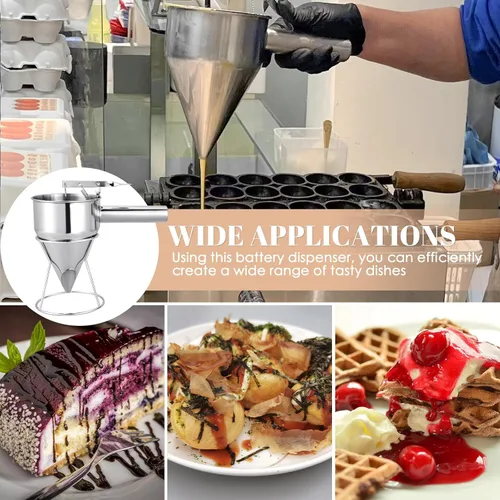 Vista 6 de MAOPINER Dispensador de masa de panqueques de acero inoxidable de 20 onzas, dispensador de pastel de embudo de pistón con soporte, embudo