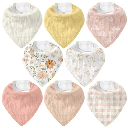 Vista 21 de Baberos de muselina para bebé 8 unidades, Babero tipo bandana para babeo y dentición, Algodón suave y absorbente para niñas y niños BC