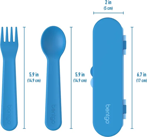Vista 5 de Bentgo Juego de utensilios para niños, tenedor, cuchara y estuche de almacenamiento de plástico reutilizable, materiales sin BPA, asas de fácil