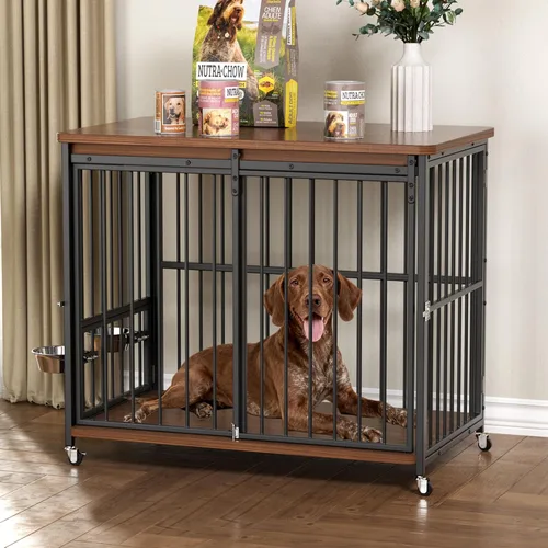 Vista 10 de Muebles de Jaula para Perros, Perrera de Madera de 32'' para Interiores con Puerta Frontal Deslizante, Aberturas Multi-Laterales y Ventana