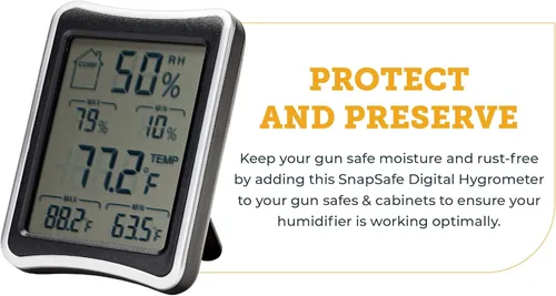 Vista 2 de SnapSafe Higrómetro digital, 75909 – Monitor de temperatura y humedad interior con pantalla LCD táctil – Termómetro higrómetro ideal para cajas
