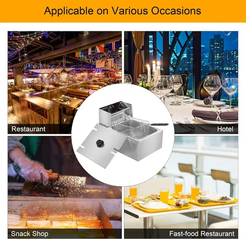 Vista 8 de ROVSUN Freidora eléctrica de 11.4 cuartos de galón con cesta y tapa, freidora de cocina comercial de 2500 W, freidora francesa de acero inoxidable