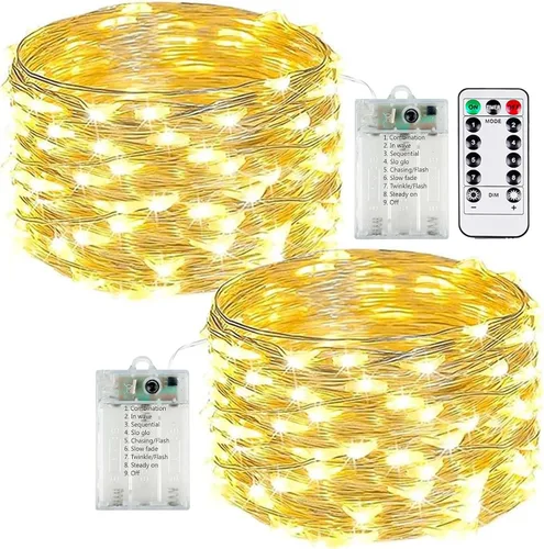 Vista 153 de Paquete de 2 guirnaldas de luces LED, funcionan con pilas, 5 m, 50 luces intermitentes, temporizador, impermeables, para habitaciones, bodas