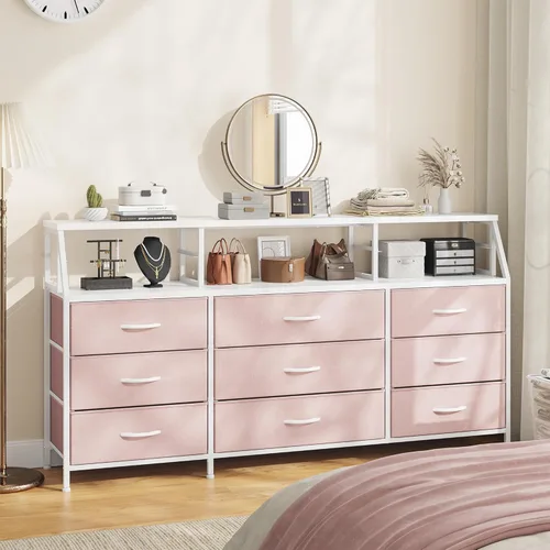 Vista 12 de Homkdom Cómoda negra para dormitorio con cajones de tela, cómodas largas y cómodas, mueble para TV de 55.12 pulgadas de ancho, centro