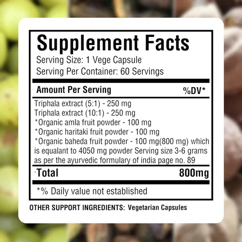 Vista 3 de Herbsforever Triphala Cápsulas Extracto Ratio (8:1) 40% Amla, Haritaki & Bibhitaki para desintoxicación, limpieza y rejuvenecimiento diarios* 60