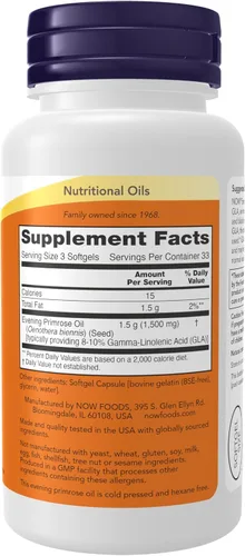 Vista 2 de NOW Foods Suplementos, Aceite de Onagra 500 mg con GLA de origen natural (ácido gamma-linolénico), 100 cápsulas blandas