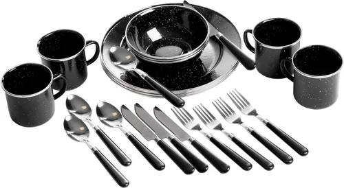Stansport Deluxe 24-Piece Enamel Tableware Set - Enamel Plates and Bowls Lightweight and Durable Camp Dish Set for Camping and Backpacking Plates
