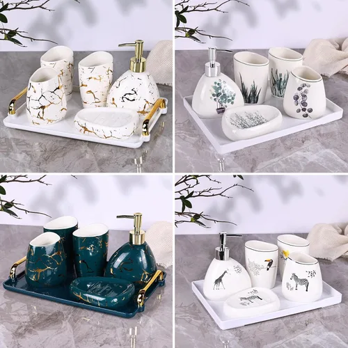 Vista 7 de Juego de accesorios de baño blancos, decoración moderna de baño de encimera, juego de accesorios de baño de lujo de 6 piezas, completo