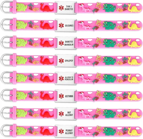 Vista 2 de LinnaLove Pulseras de alerta médica, pulseras de identificación de emergencia con diabetes tipo 1 grabada (dinosaurio rosa)