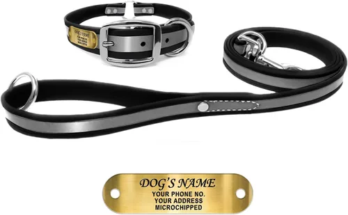 Vista 13 de Regal Dog Products Collar de perro reflectante negro pequeño con placa de nombre grabada personalizada y anillo central resistente Collares