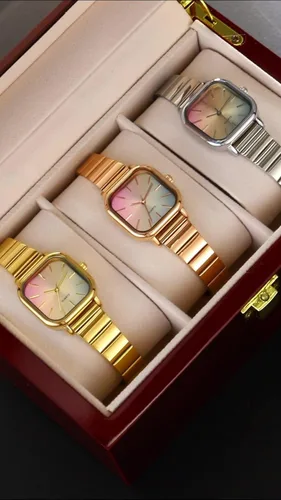 Vista 9 de Womens Ladies' Ultra Thin Watch with Rainbow Gradient Dial Gold-Tone Square Case and Bracelet Quartz Movement