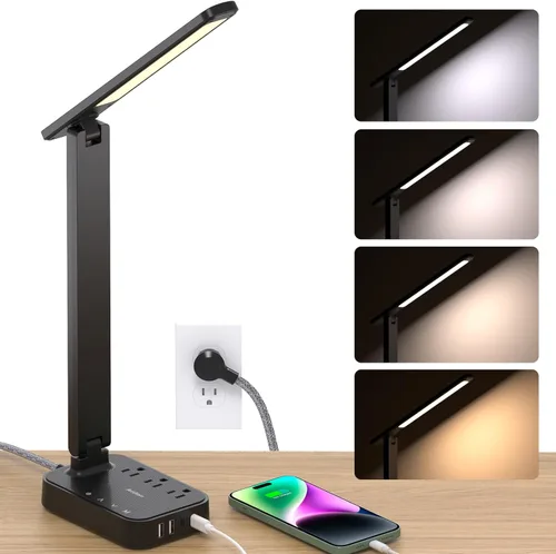 Vista 9 de Addtam Lámpara de escritorio LED con soporte para bolígrafo, lámparas de estudio con 3 tomas, 4 puertos de carga USB (2 USBC), 3 modos