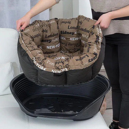 Vista 5 de Ferplast Cojín para cama de perro y gato, 2 fundas de repuesto acolchadas para cama de mascotas, cesta de plástico, algodón suave, lavable, Marrón
