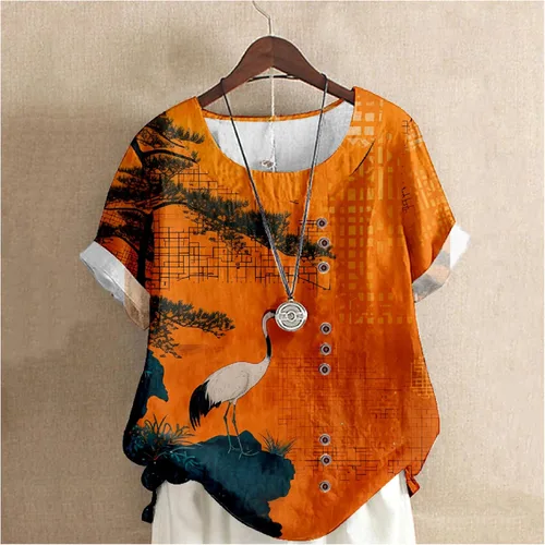 Vista 2 de domirica Flower Bird Printed Loose Boho Shirts Women Plus Size Summer Crew Neck Short Sleeve Blouses Orangecrane
