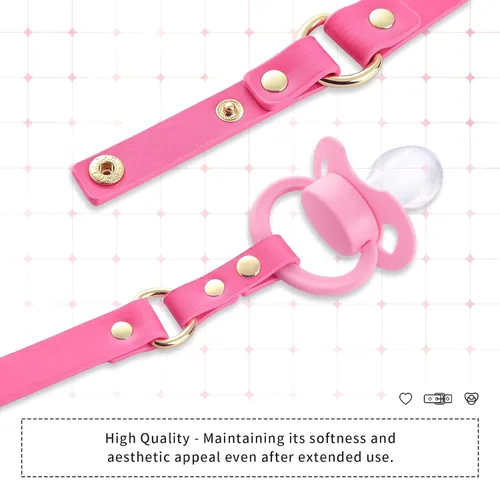 Vista 5 de Littleforbig Juego de chupete y mordaza de cuero con correa ajustable, accesorios para chupete rosa