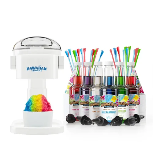 Hawaiian Shaved Ice Kit de máquina de cono de nieve S700 con 6 - 16 oz. Jarabes: cereza, uva, frambuesa azul, sangre de tigre, limón y lima, piña