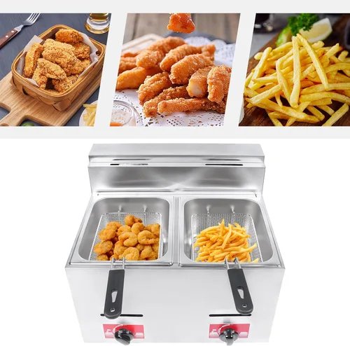 Vista 9 de Freidora de gas de alta resistencia de 6L*2, freidora de gas comercial, freidora de gas profundo de acero inoxidable con cestas dobles/tapa