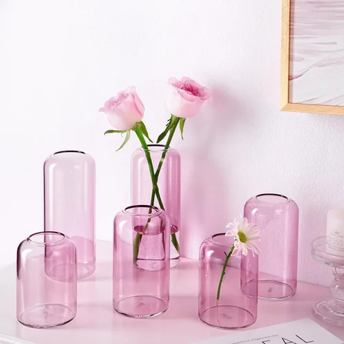 Vista 8 de ZENS Juego de 3 jarrones de cristal soplados a mano, pequeños jarrones de color ámbar para decoración de flores, moderno jarrón cilíndrico de vidrio