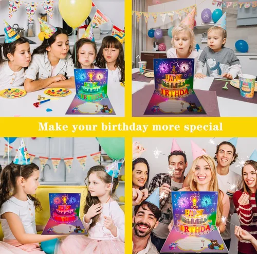Vista 4 de Tarjetas de cumpleaños 3D desplegables, reproducción automática 3D de colores cambiables, música ligera, tarjetas de pastel de cumpleaños emergentes