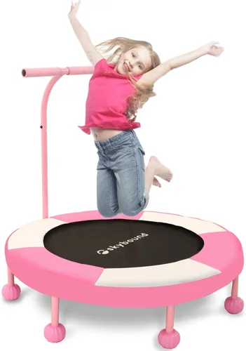 Vista 9 de SkyBound Trampolín interior de 36 pulgadas para niños – Trampolín interior para niños con mango – Trampolín para niños pequeños con tubo de acero