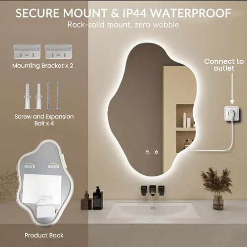 Vista 5 de Espejo de baño LED asimétrico con luces, espejo de pared de baño irregular, espejo de tocador para pared con retroiluminación/antiniebla/iluminación