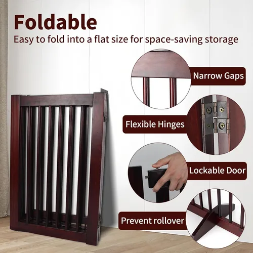 Vista 5 de Puerta de madera independiente para mascotas, puerta para mascotas para perros, valla de madera de 4 paneles de 29.5 pulgadas con 2 soportes, puerta