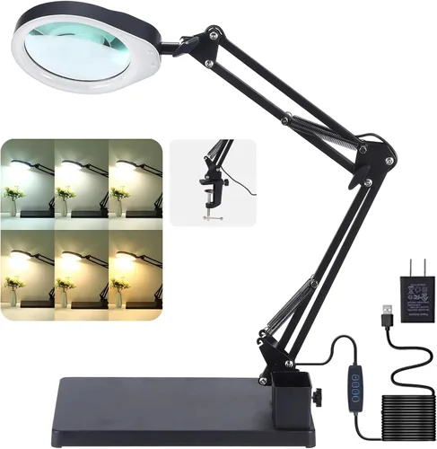 YOCTOSUN Lámpara de lupa de 10X con 6 modos de color regulable continuamente, 96 LED y lente de cristal real de 5 pulgadas, lupa de escritorio con