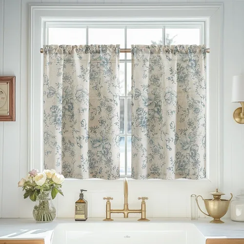 Vista 10 de Vangao - Cortinas de lino para cocina con estampado floral, cortinas de nivel de 24 pulgadas, cortinas estilo granja botánica para café, cortinas