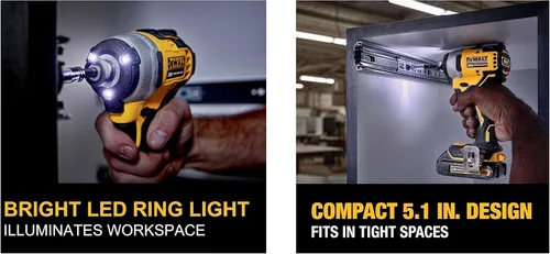 Vista 5 de DEWALT ATOMIC 20V-Max Kit de destornillador de impacto compacto sin escobillas/inalámbrico de 1/4 pulgadas con cargador, 2.0 Ah, batería, bolsa