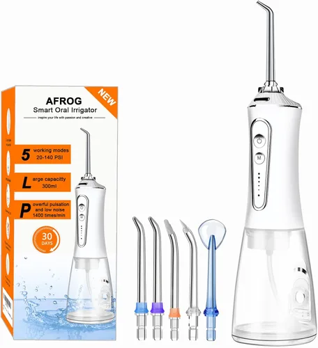 AFROG - Irrigador dental inalámbrico para dientes - AFROG 5 modos de irrigador bucal dental, portátil y recargable IPX7, impermeable, potente