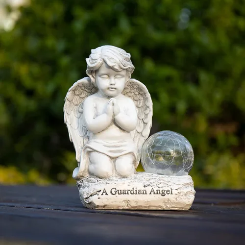 Vista 3 de Decoración de ángel, estatua de querubines rezando, decoración de jardín con globo solar de cristal agrietado para decoración de césped y patio