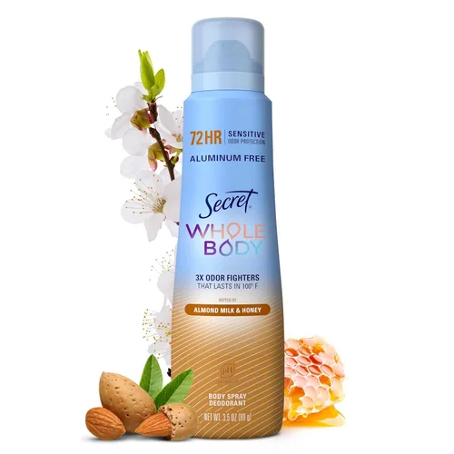 Secret Desodorante en aerosol para todo el cuerpo para mujer, aroma a leche de almendra y miel, desodorante sin aluminio, protección contra olores