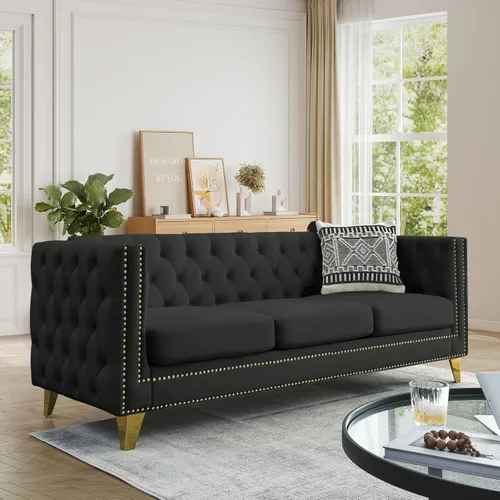 Vista 16 de JEEOHEY Juego de Sofás Chesterfield de 2, Sofá Moderno de Terciopelo con Capitoné y Ribete de Tachuelas, Sofá Tapizado de Asiento Profundo, Sofá