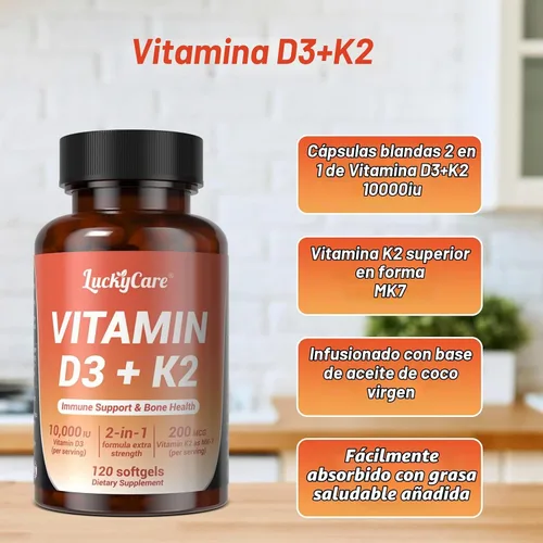 Vista 6 de Vitamina D3 K2 10000 UI Softgels 120 Coco, Apoyo a los Huesos Inmune