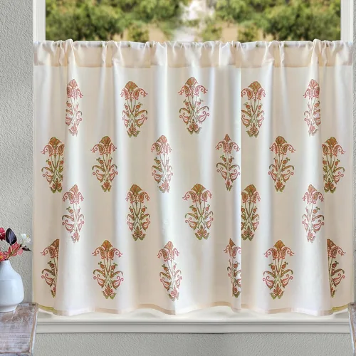 Vista 13 de Saffron Marigold - Cortinas de media cocina de algodón para ventanas pequeñas, baño y café, estampadas a mano con libélula y loto - Diseño moderno