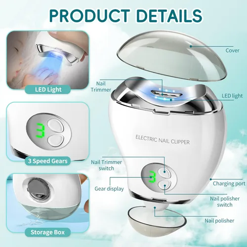 Vista 2 de Cortauñas eléctrico automático con luz LED y lima de uñas, pantalla digital LCD de 3 velocidades, almacenamiento de recortes de uñas, recortadora