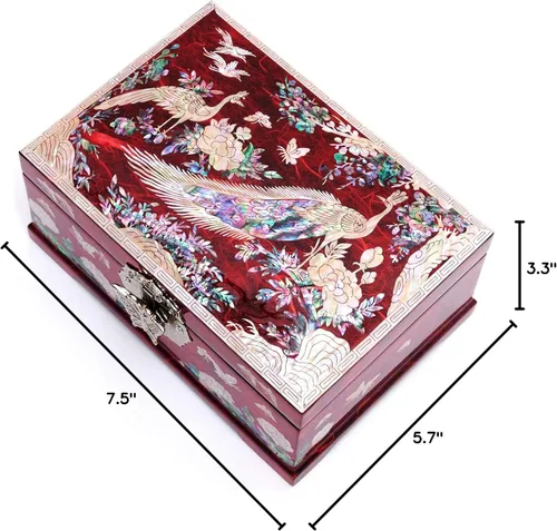 Vista 7 de MADDesign Mother of Pearl Joyero Anillo Espejo Tapa 2 Nivel Pavo Real Rojo