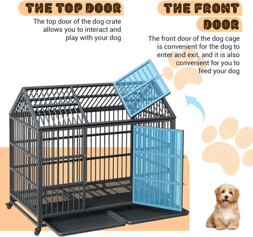 Vista 4 de Jaula resistente para perros de 52 pulgadas, doble puerta con ruedas bloqueables de 360° y bandeja extraíble, fácil de montar, jaula de metal