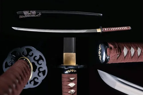 Vista 2 de Handforged Samurai Katana Sword - Damascus/1060/1095 High Carbon Steel, Full Tang, Iron Tsuba, Solid Wood Saya - Real Functional Sharp Blade for