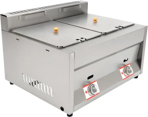 Vista 4 de Freidora de gas comercial, freidora de acero inoxidable, freidora de gas de 5.4 cuartos de galón / 6 l x 2 tanques de gas doble encimera con 3 tapas