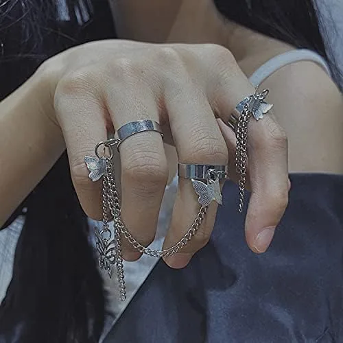 Vista 7 de 17Pcs Adjustable Punk Chain Rings Set Vintage Knuckle Gothic Rings Set Alloy Biker Obsidian Chain Open Rings Stackable Hollow Carved Finger Rings