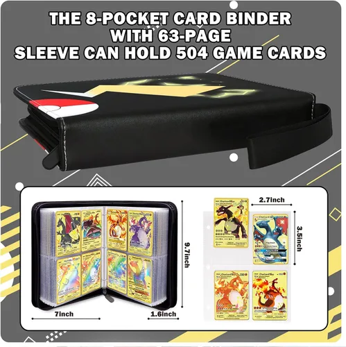 Vista 5 de Carpetas negras para tarjetas Pokémon, 4 bolsillos, capacidad para 504 tarjetas de juego con 63 fundas, colección de tarjetas coleccionables