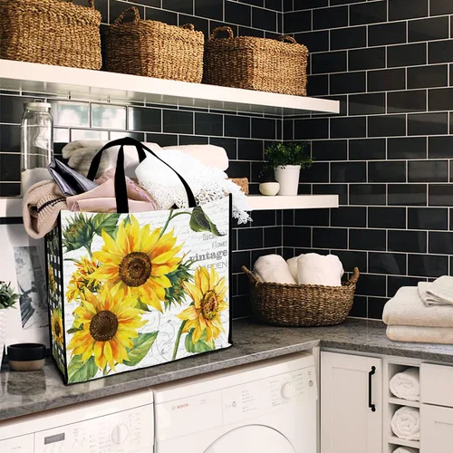 Vista 5 de NymphFable Paquete de 5 bolsas de compras reutilizables con flores de sol, lavables, bolsas de tela Girasoles múltiples
