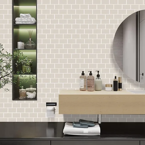 Vista 4 de Azulejo de metro para cocina, azulejos autoadhesivos 3D beige de alta calidad, azulejos adhesivos para salpicaduras en muro para cocina y baño