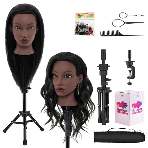 Vista 14 de Cabeza de maniquí de 28 pulgadas con 80% cabello real, cabeza de muñeca de práctica de maniquí de cosmetología, cabeza de trenzado con soporte