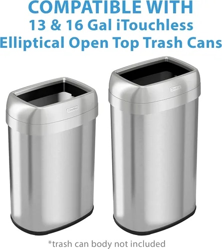 Vista 3 de iTouchless Tapa de bote de basura elíptico, abierta, modelos OL13STV y OL16STV, para botes de basura de 13 y 16 galones