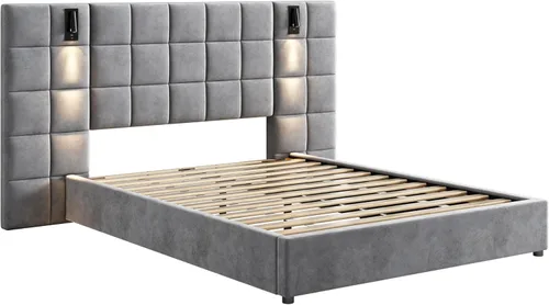 Vista 4 de Base de cama tamaño King con cabecero de 46 pulgadas de alto, plataforma tapizada de terciopelo, cabecera de tela suave copetuda, lámparas