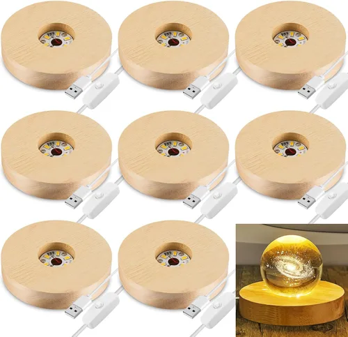 Honoson 8 piezas Base de exhibición LED de madera con luz para arte de cristal Base de madera para exhibición de arte de vidrio 3D Luz cálida
